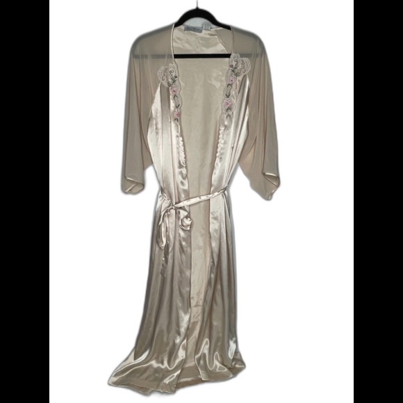 Val Mode Lingerie Long Tie Robe Light Peach Chiffon Sleeves Floral Collar Size L - Picture 1 of 14